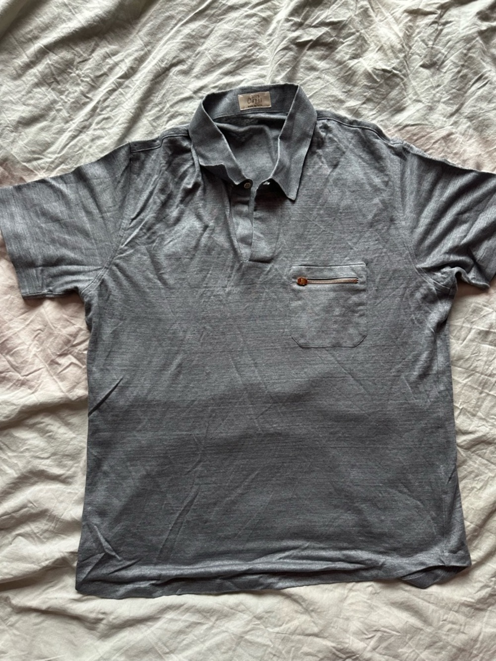 100% Capri Italian Linen Polo Shirt Gray Zip Pocket XXL